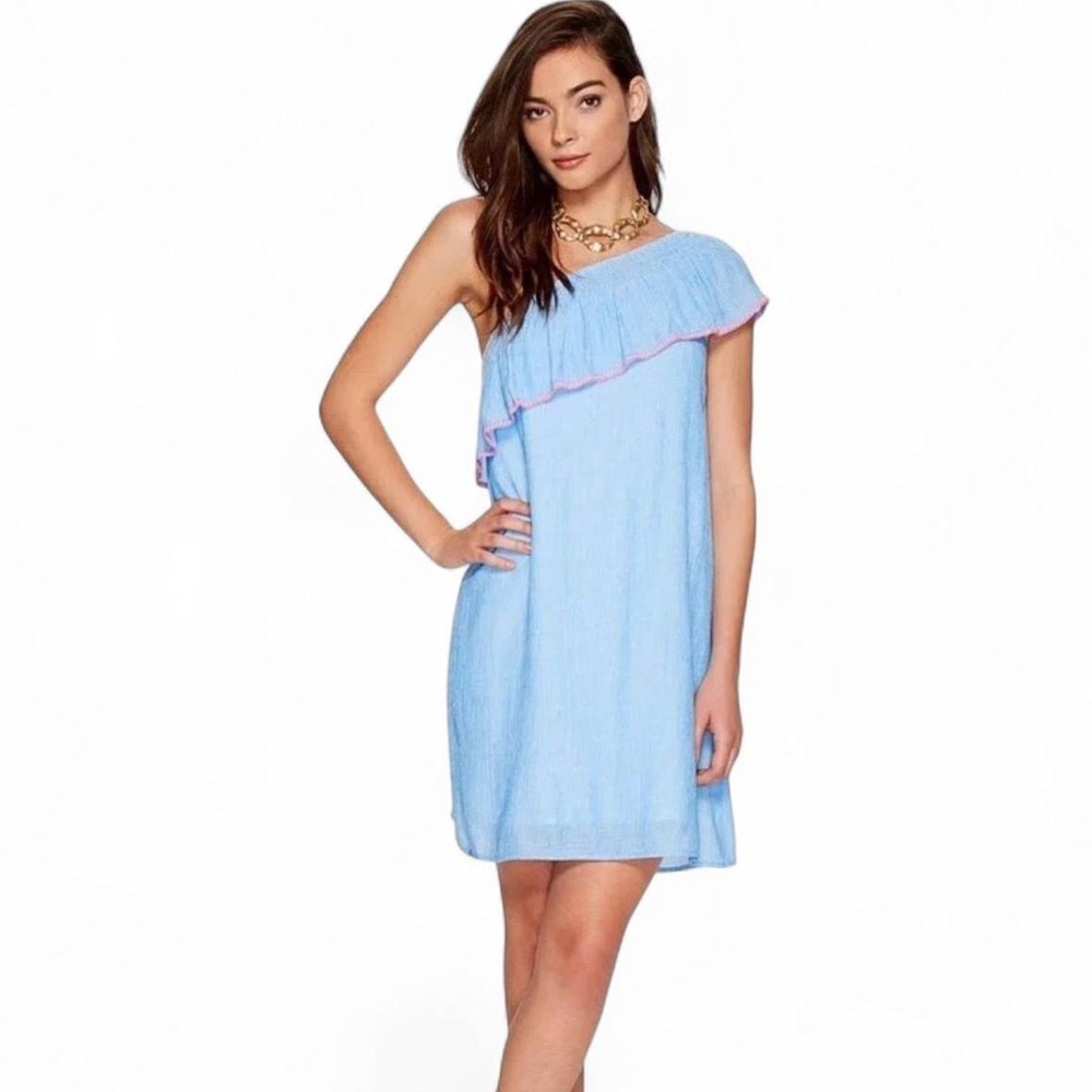 LILLY PULITZER Sz L Emmeline One Shoulder Dress In Lapis Blue Summer Seersucker